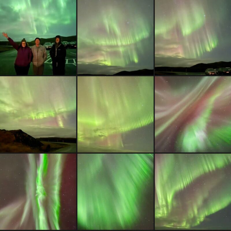 Sun news October 18-19, 2025. What a night for auroras! Heliophysicist C. Alex Young – co-author of this daily sun update, in the center of the 3 people in the upper left above – was in Iceland that night with his wife Linda. They caught these auroras! Way to go, Alex and Linda! And thank you for the photos!