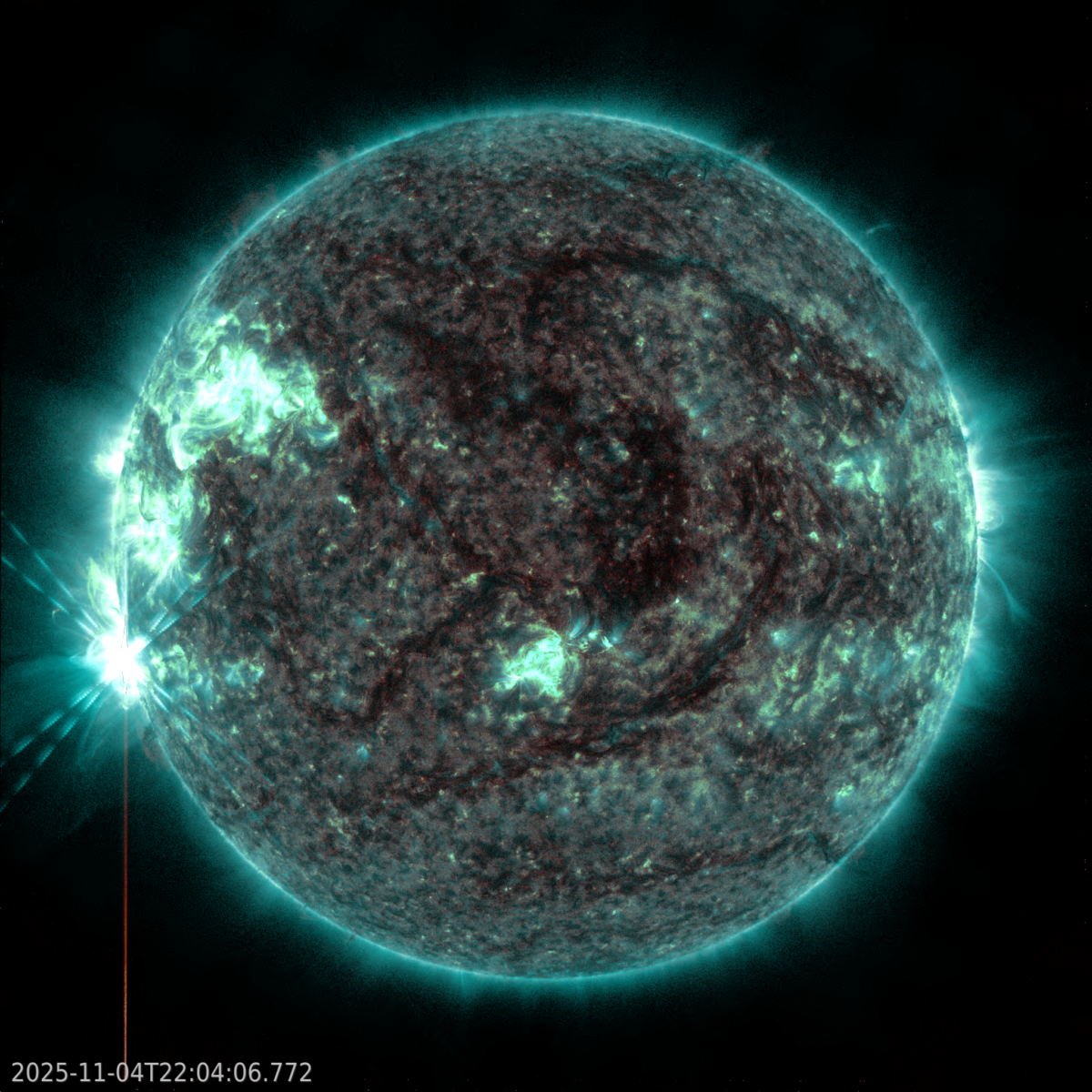 This was the X1.2 flare, fired at 22:30 UTC from an incoming region in the southeast. It may be another returning sunspot region: AR4248. Images via NASA/SDO